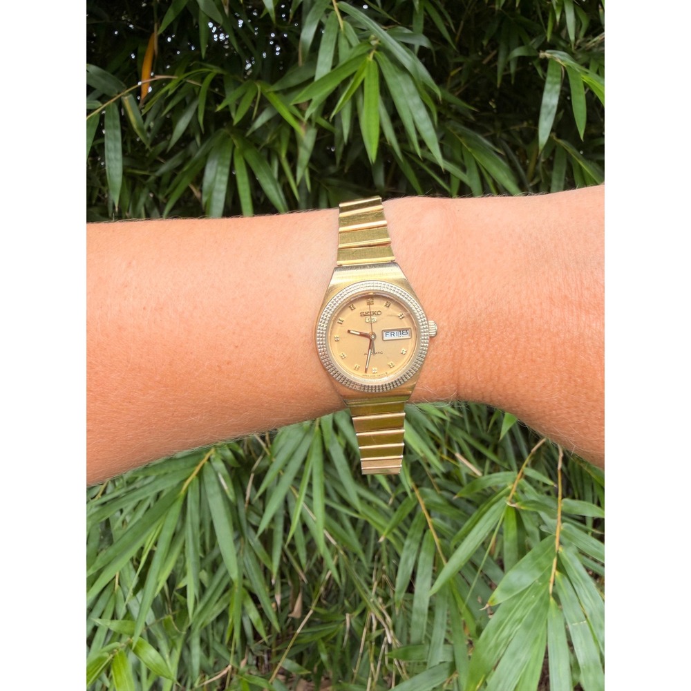 VTG 1980s Seiko 5 Automatic Gold Day-Date Watch 2906-0200 Arabic English Dial